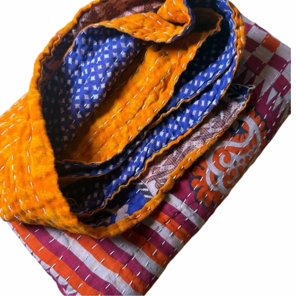 Vintage Kantha Quilt Twin Hand Stitched Sari Patchwork Boho Textile 52” x 80”